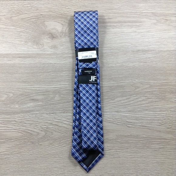JF J. Ferrar Blue Plaid w Clip Narrow Tie - Picture 2 of 3